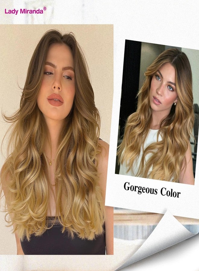 Lady Miranda Ombre Blonde Wavy Wig Middle Part Curly Wavy Wigs for Women Natural Looking Long Blonde Highlights Wigs Synthetic Wig Ombre Brown Natural Wavy Hair (1-Ombre Blonde Highlight 22) - Image 4